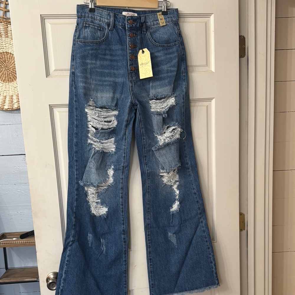 Vibrant Distressed Blue High-Waist Flare Jeans